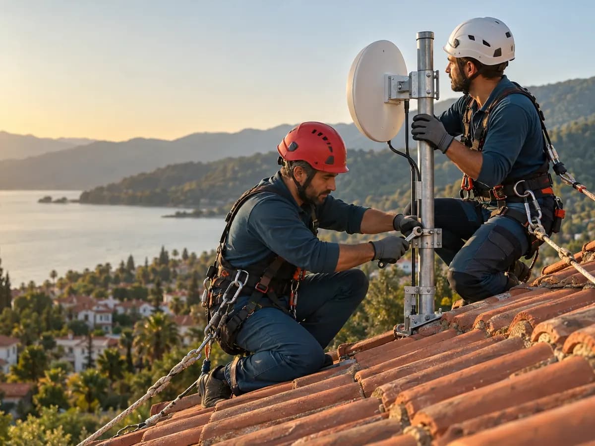 Köyceğiz'de göl manzaralı bir evin çatısına kablosuz internet anteni kuran iki teknisyen